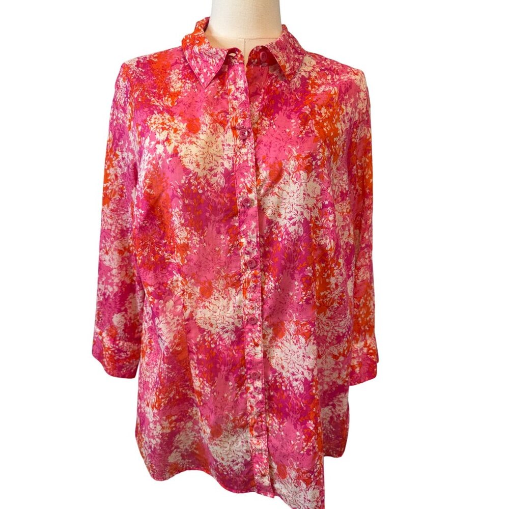2/$30 Coldwater Creek XL 16 Floral Button-Up Blouse Pink & Orange